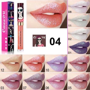Lip gloss swatch palette showing 12 waterproof sparkling chameleon colors for long-lasting wear
