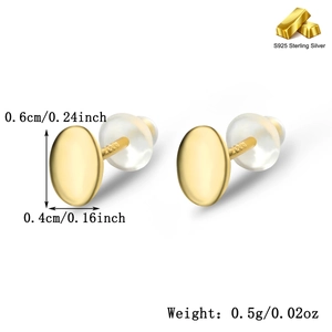 Detail view of S925 sterling silver gold oval stud earrings measuring 0.6cm by 0.4cm