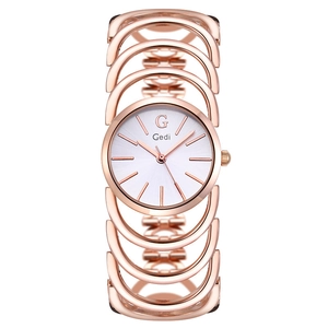 Elegant rose gold quartz bracelet watch with a decorative hollow circular link strap