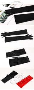 Detail showing long satin bridal gloves in black, white, and red for elegant wedding gowns