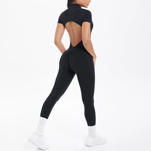 Detailed back view of black yoga bodysuit featuring backless design and scrunch butt detail
