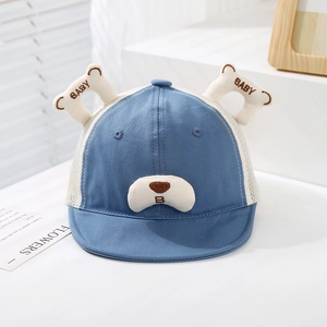 Close-up of baby sun hat featuring mesh panels and cute 3D bear ears with BABY embroidery