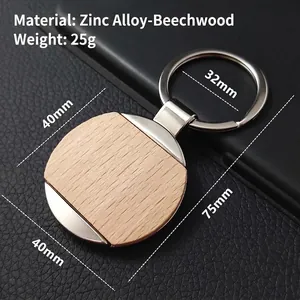 Round beech wood and zinc alloy keychain with metal ring and 25g lightweight design
