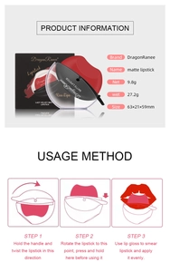 Detailed dimensions and 3-step usage guide for matte lipstick in creative lip shape