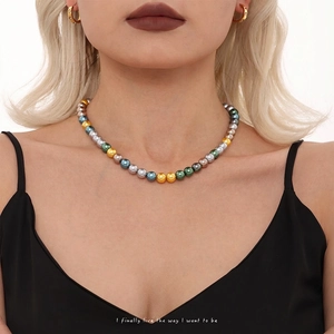 Colorful Shell Bead Necklace Women Stainless Steel Clavicle Chain Multi Color Faux Artificial Pearl Round Beaded Fashion Luxury