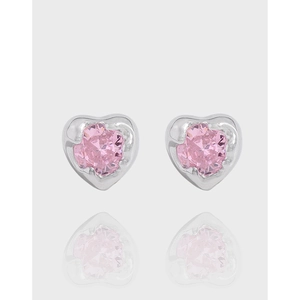 925 Sterling Silver Pink Zirconia Heart Stud Earrings Minimalist Luxury Sweet Romantic Jewelry For Women Girls Ear Studs