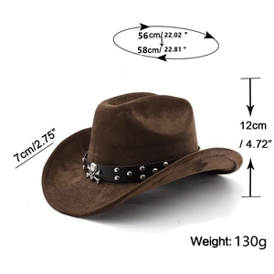 Detail of dark brown faux suede cowboy hat with skull badge and silver studded belt
