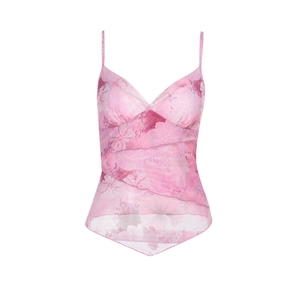 Pink floral mesh camisole top with asymmetric hem and thin straps for women