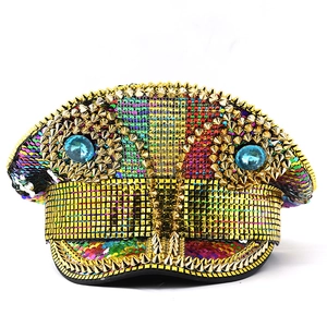 Rainbow sequin captain hat with gold spikes and blue gemstones for party performance