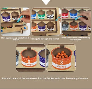 Detail of children's magnetic wooden maze showing color sorting and counting beads with stylus