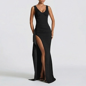 Detail view of the sleek V-neckline and high slit design on this elegant black evening gown