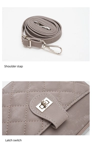 Detail of taupe quilted crossbody bag with adjustable strap and silver latch switch