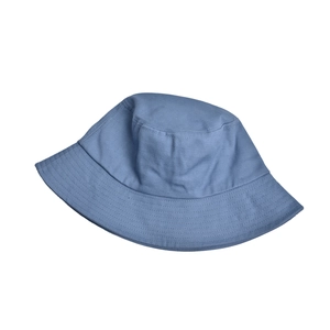 Detail of blue cotton bucket hat with flat top and reinforced multi-row stitched brim