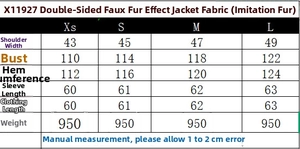 Tableau des tailles détaillé pour veste en fausse fourrure avec mesures des épaules et poitrine