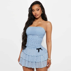Robe Courte Bustier À Pois En Maille Pour Femmes Sexy Bodycon Volants Étagés Détail Nœud Été Slim Fit Party