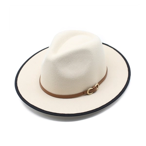 Classic white wool fedora hat with black trim edge and brown leather belt buckle