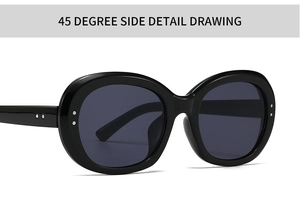 45-degree side view of modern black oval sunglasses featuring classic metal rivets on the frame