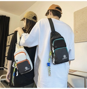 Rear view of unisex mesh chest bags in white and black with colorful zipper lanyards
