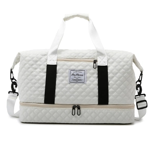 White quilted large capacity travel bag with dry-wet separation and bottom compartment