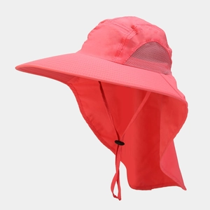 Detail view of pink outdoor sun hat featuring wide brim, neck flap and breathable mesh vents