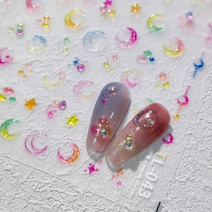 3D 5D floral nail stickers TL-043 with moon and star decals on long gradient nails
