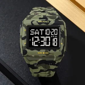 Classic square digital sports watch with green camouflage pattern and 50M water resistance