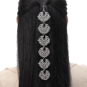 Middle Eastern style silver hair chain with black gemstones and vintage fan-shaped pendants
