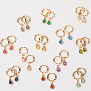 Waterdrop Birthstone Hoop Earrings Copper Gold Plated Pear Cut Cubic Zirconia Dangle For Women Elegant