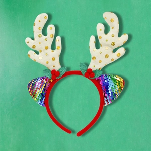 Christmas reindeer antler headband with gold dots and rainbow sequin ears decor