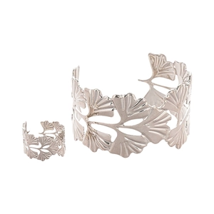 Silver ginkgo leaf jewelry set featuring an open bangle and matching ring for women