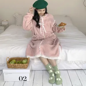Coral fleece crew socks with green floral pattern and cozy home sleepwear