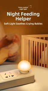 Close-up of mushroom-shaped voice control night light glowing warm yellow on a power strip