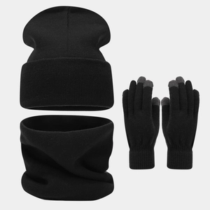 Detailed view of the 3-piece winter set including knit hat, neck gaiter and touchscreen gloves