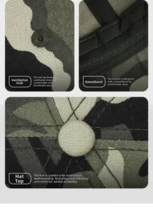 Detail view of camouflage baseball cap featuring embroidery eyelets and internal sweatband