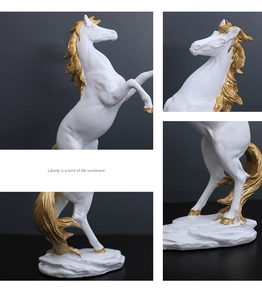 Macro detail of a modern white horse statue with gold accents and a gallop pose
