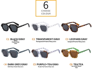 Detailed grid view of stylish square sunglasses in six assorted colors with wavy temples