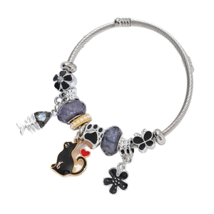 Adjustable beaded charm bracelet with cute cat and flower pendants for women