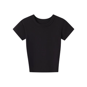 Close-up of a black crew neck slim fit sports T-shirt made of soft modal fabric