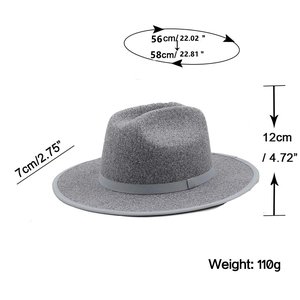 Gray wool fedora jazz hat for men and women with size measurements and flat brim