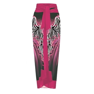Detail of high waist wrap skirt with animal print and bright pink silk ribbon tie