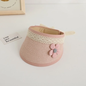 Pink straw sun visor for girls with lace trim and elegant ribbon bow detail