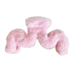 Soft pink 14cm plush hair claw clip with wavy faux fur design for thick hair
