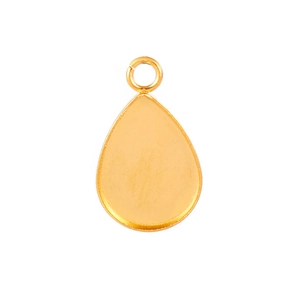 Gold stainless steel teardrop pendant tray setting for jewelry making on white background