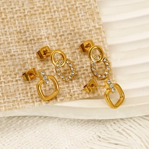 Elegant gold titanium steel geometric stud earrings with cubic zirconia inlay for women