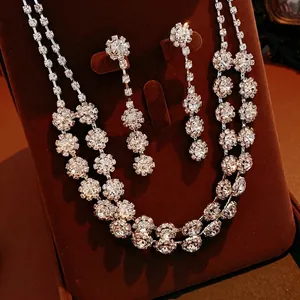 Double Layer Flower Jewelry Necklace Earrings Copper Rhinestone Zirconia Vintage Palace Luxury Women Accessories