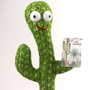 Dancing cactus plush toy with knitted texture and smiling face on white background