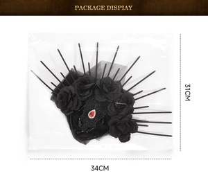 Package display of Gothic black rose crown with red gemstones and 31cm size detail