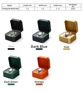 Detail view of premium PU leather octagonal watch box with hinged lid and soft inner lining
