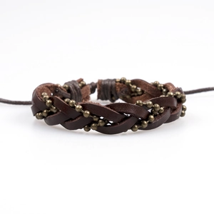 Retro multi-layer dark brown leather braided bracelet with vintage brass metal beads