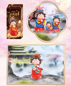 Dettaglio di figurine a dondolo stile Tang con strumenti e confezione a tema